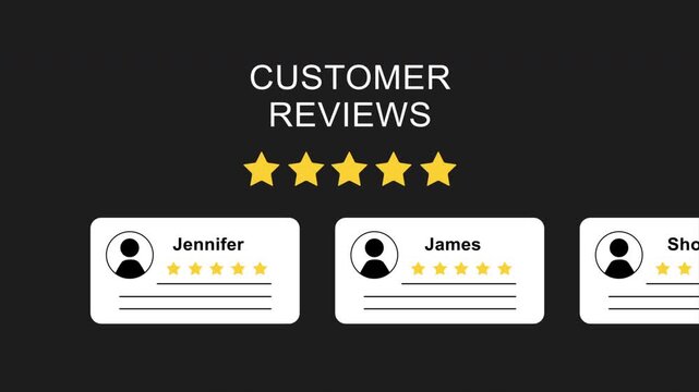 A review card slides from right to left with a name, five stars, and text comment. Ideal for customer feedback, testimonials, and UI interfaces