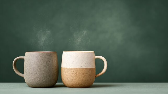 Serenity in nature: steaming mugs against misty pine forest backdrop