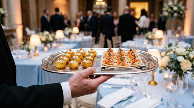 Waiter holding a silver tray with canapies at a formal banquet event. Luxurious catering service and gourmet hospitality for high-end celebrations, weddings, and corporate galas.