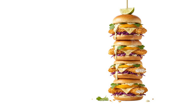 Gourmet fried fish burger stack with mango salsa, crispy breaded fish fillet sliders, tropical seafood sandwiches with lime and red cabbage isolated PNG with Transparent Background