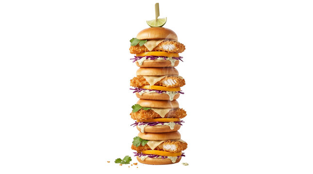 Gourmet crispy fish burger tower, stacked seafood sliders with red cabbage slaw and lime, delicious fried fish fillet sandwiches isolated PNG with Transparent Background