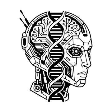 Futuristic cyborg robot head with DNA helix structure black and white vector illustration