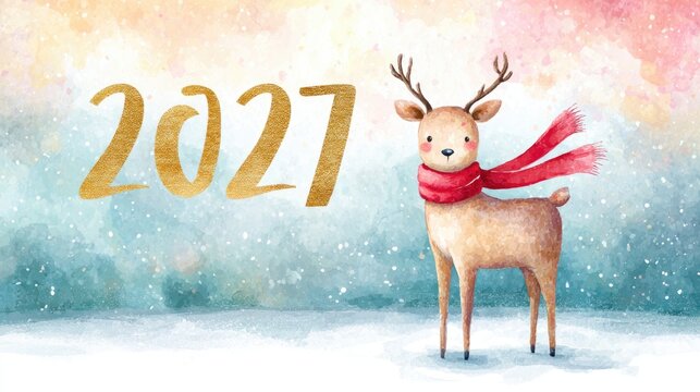 Festive reindeer with scarf celebrates holiday season 2021 with sparkling snow and stars