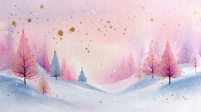 Dreamy winter landscape: watercolor pastel sky with snowy trees and golden splashes