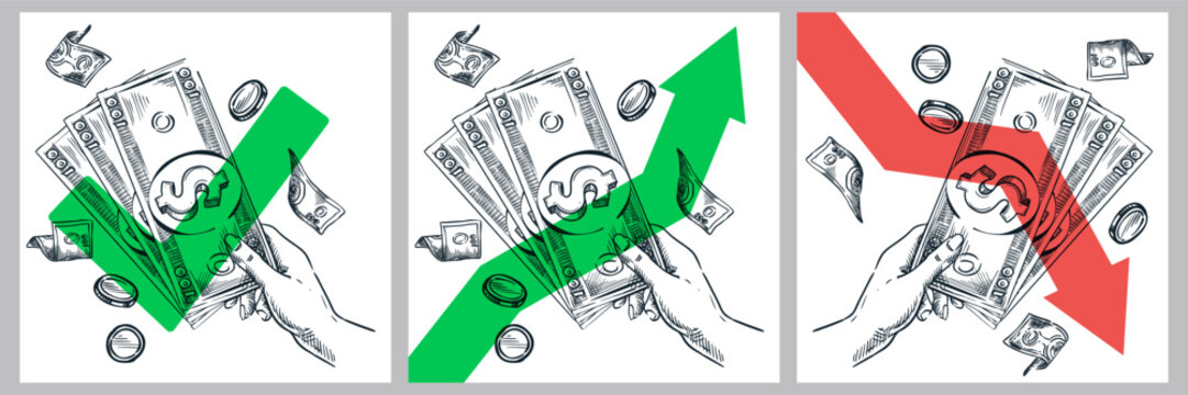 Vector hand drawn finance set with dollar money banknotes in hand, green growth up arrow and red crisis down arrow