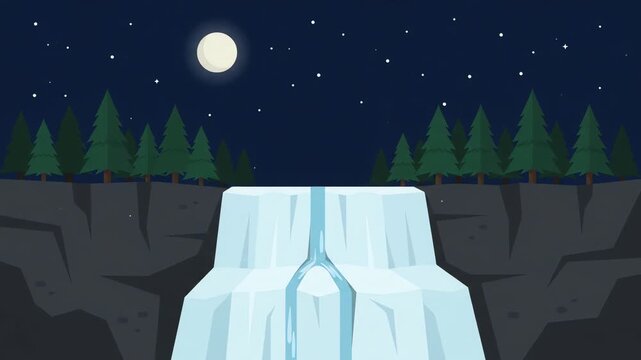Frozen Waterfall Under Full Moon at Night, Vector Animation
