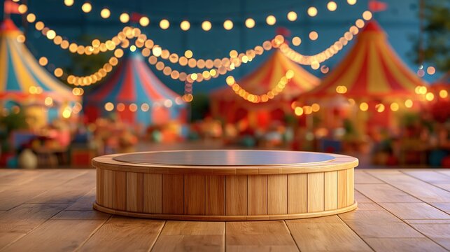 Empty wooden stage podium and circus tents, Festive bokeh lights backdrop, Event celebration presentation cover