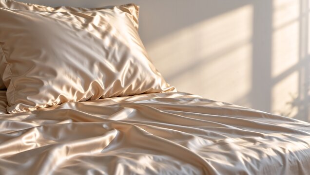 Close-up of smooth champagne satin bed sheets and pillow with soft wrinkles and shadows from window light, creating a luxurious and comfortable bedroom aesthetic with ample copy space for text