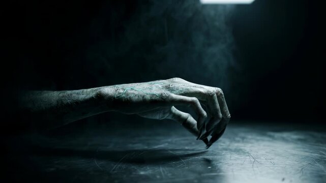 Alien hand reaching through dark misty atmosphere. Horror filmmakers and game designers use for undead and thriller visual content. Alien horror concept.