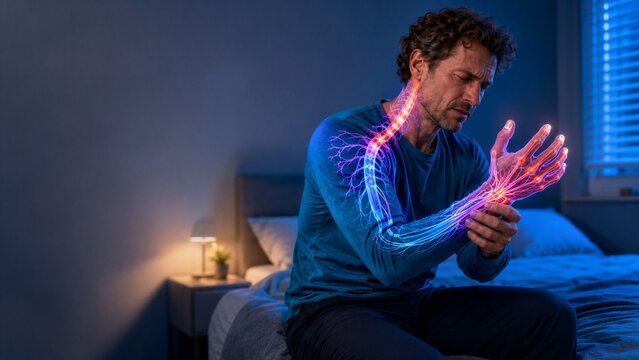 Man examining his raised hand while holding his wrist beside a bed. A nerve overlay from neck to fingertips presents a sensory disturbance concept against blue bedding, window blinds and a lamp.