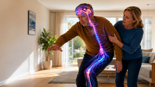 Woman supporting a man leaning forward with a brain and spinal nerve overlay. Their concerned expressions convey a neurological balance concept in a bright living room with a plant and large windows.
