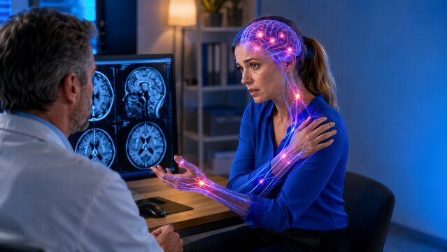 Woman discussing brain scans with a doctor while touching her shoulder. A glowing nerve overlay presents a neurological consultation concept beside a monitor, wooden desk, books and an office lamp.