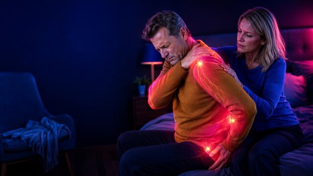 Man touches his shoulder while a companion supports him beside a bed. Red nerve pathways and bright points around the arm and hip convey persistent pain, with cool bedding and warm bedside light.