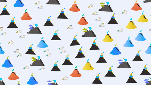 Stylized volcano and wave seamless pattern