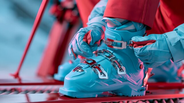 Close-up of hands tightening ski boot straps on red lift