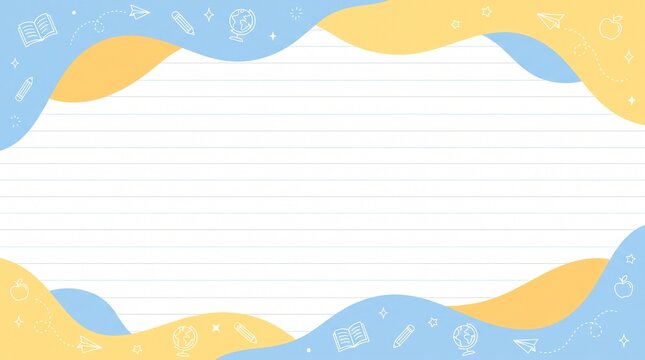 Cute Back to School Educational Background with Blue and Yellow Wavy Border on Lined Notebook Paper