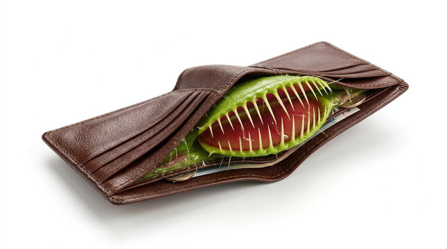 Conceptual image of a leather wallet transforming into a Venus flytrap plant, symbolizing financial traps, hidden fees, dangerous investments, consumer debt, and economic risks