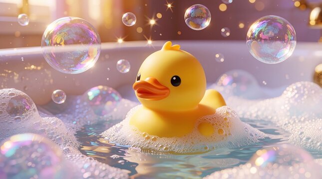 Cute yellow rubber duck floats in soapy bubble bath. Colorful soap bubbles drift in warm bathroom air. Playful cartoon style bathtub scene for kids. Relaxing water with foam, bright light for baby