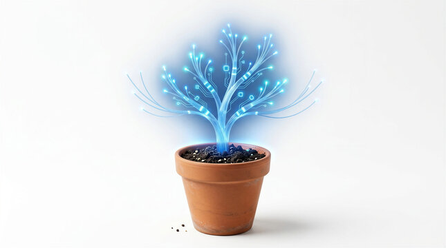 Conceptual image of a glowing fiber optic circuit plant growing from soil in a pot, symbolizing IT business growth, data mining, artificial intelligence, and tech startup scaling