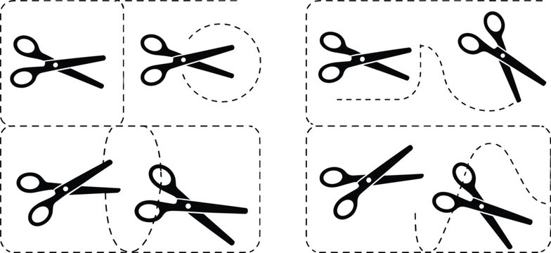 Scissors Cutting Technique Collection with Paper Shapes and Craft Cutting Demonstration Vector Set