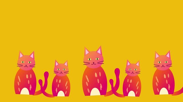Cute orange cartoon cats sitting and wagging tails, seamless loop animation. Playful kittens on bright yellow background, flat 2D motion graphics for kids