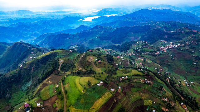 Aerial view of the lush green terraced hills and agricultural landscapes surrounding the town of Kisoro, with distant mountains and a lake in the background, Western Region, Uganda.
