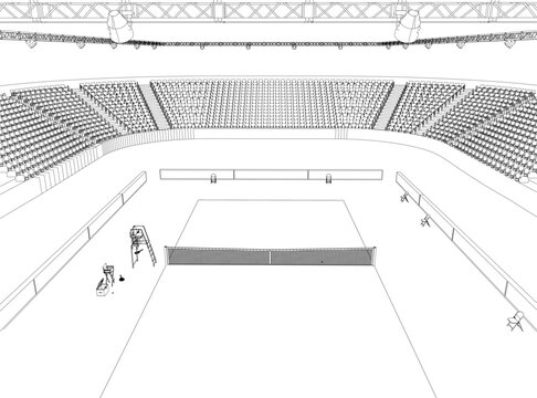 Tennis court drawing with central net, surrounded by chairs and lit by overhead lights in a tennis arena contour style.