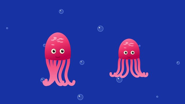 Cute pink cartoon octopus swimming in deep blue sea, seamless loop animation. Funny underwater animals with wiggling tentacles, flat 2D motion graphics for kids