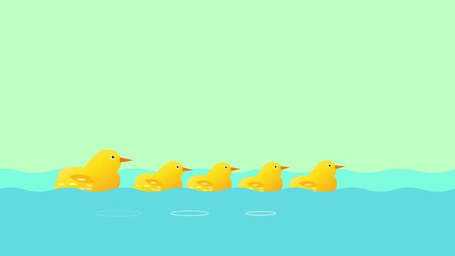 Cute yellow cartoon ducklings swimming in a row on blue water, seamless loop animation. Baby ducks on mint green background, flat 2D motion graphics for kids