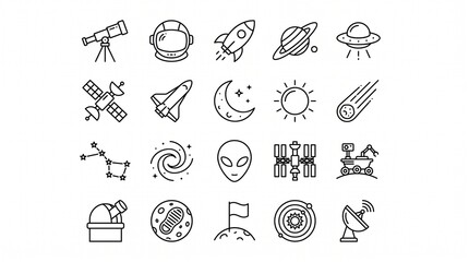 Set of astronomy line art icons featuring space exploration rocket © Bagas