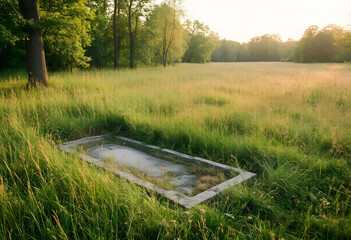 Naklejka premium Legacy and remembrance concept, old stone grave marker in overgrown meadow at sunset, historical heritage and mortality in a peaceful rural landscape