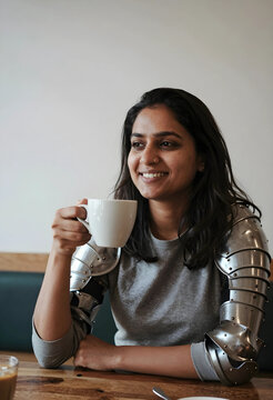 Empowerment and resilience, woman wearing medieval armor pauldrons drinking coffee in a cafe as a metaphor for strength and daily life challenges