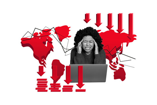 3d trendy photo collage of puzzled girl sit laptop freelancer economy arrow loss decline stats chart reduction bankruptcy