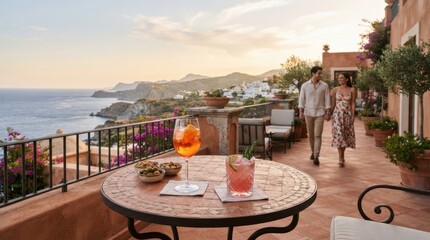 Fototapeta premium Couple walking on a Mediterranean terrace at sunset with cocktails on a mosaic bistro table