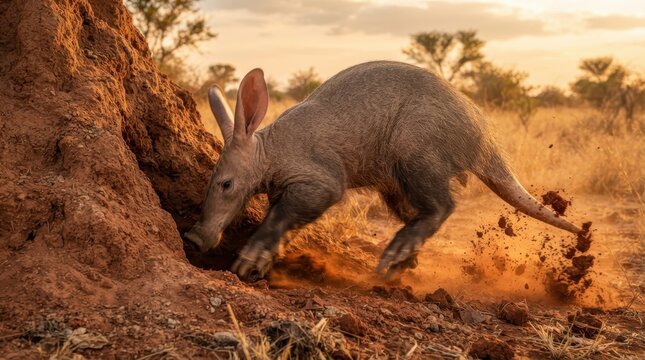 An aardvark digging into a large termite mound in the African savanna during the golden hour light