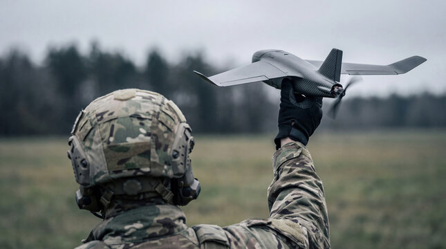 Soldier launching tactical drone for reconnaissance in field. Military man operating fixed-wing unmanned aerial vehicle for surveillance. Modern warfare technology for combat mission action.