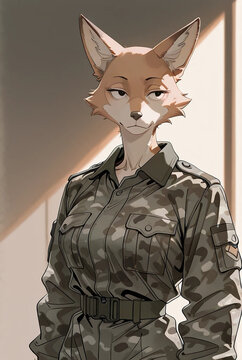 Anthropomorphic fox officers in tactical camouflage uniforms, concept art portrait set⁠