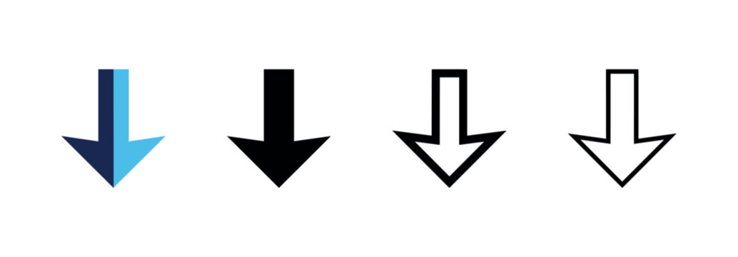 Down arrow icon in four different design variations: flat, solid, bold outline, and thin line styles.