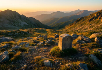 Fototapeta premium Solitude and mindfulness in nature, ancient stone marker on a mountain trail at sunset with golden hour light over a vast wilderness landscape horizon