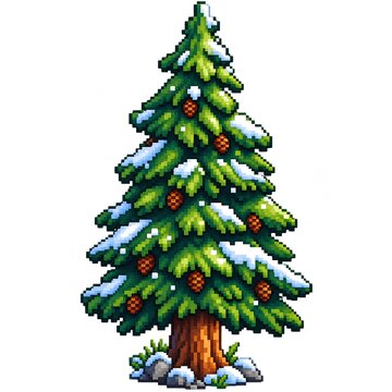 Pixel Art Snow-Covered Pine Tree with Pinecones Isolated on Transparent Background