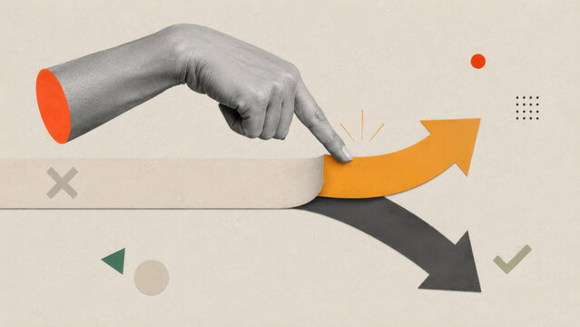 Finger peeling an orange arrow up from a paper path, dark arrow heading down. Business decision making, pivot, change of direction and strategy collage