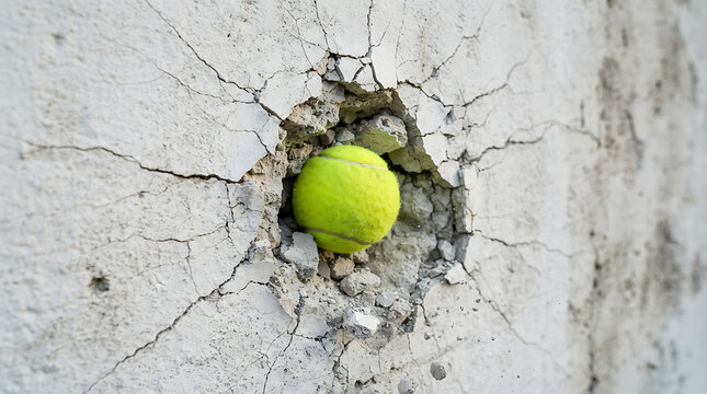 A vibrant tennis ball deeply embedded within a cracked concrete wall, showcasing powerful impact and destruction