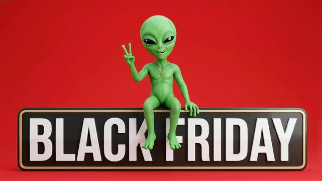UFO flying saucer hovering over shopping cart with sale discount tag. Alien craft with percentage sign concept. Discounts, sales and shopping theme. Cosmic commerce.