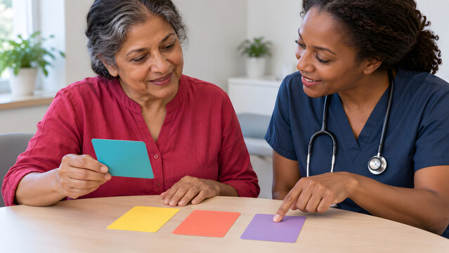 Older woman sorts colored cards with a healthcare professional at a table, showing a structured shared activity that supports engagement, communication, community care, and wellbeing.