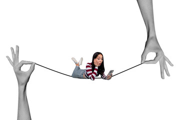 Image zine poster artwork collage of shocked girl hold smartphone lay rope opportunity development...