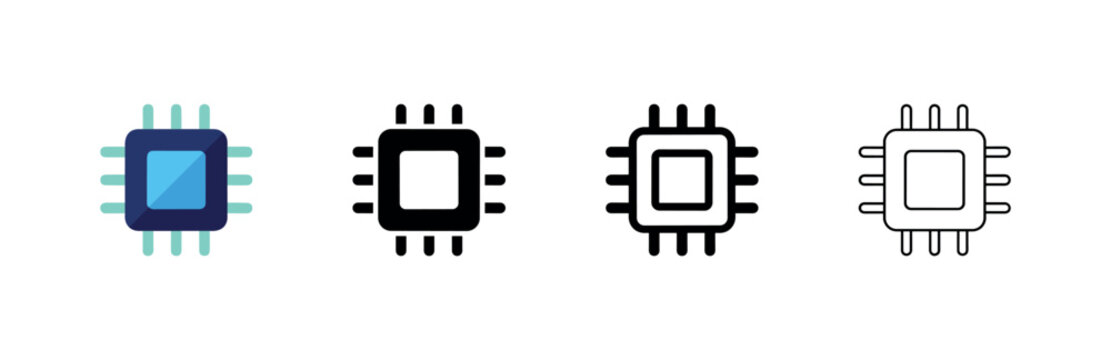 CPU Processor Microchip Icons Set in Flat, Solid, and Outline Styles
