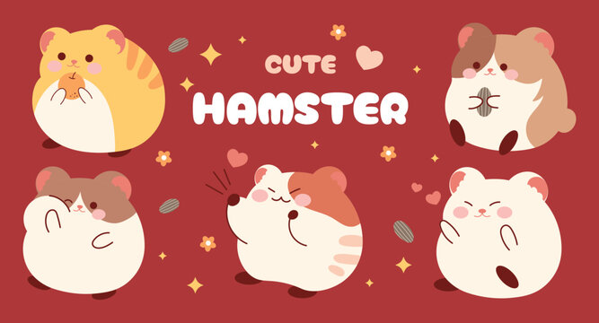 Cute Hamster Vector Cartoon Character Set on Dark Red Background