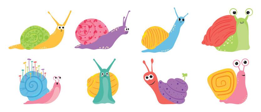 Cute Colorful Snails Vector Cartoon Collection with Spiral Shells