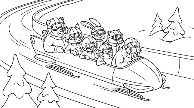 Animal characters bobsledding coloring page for children.