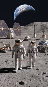 Explorers in spacesuits walking on lunar surface with planet Earth in background. Future colony base with rovers and solar panels on moon landscape.